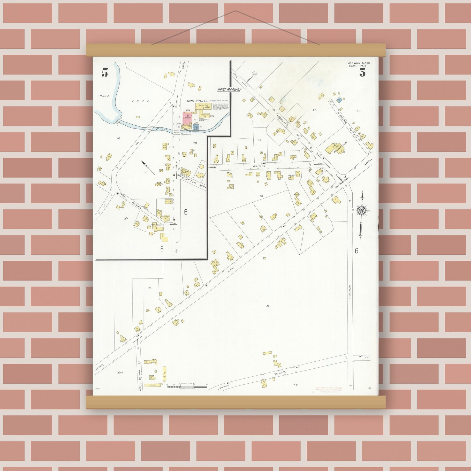 Old map wall art mockup — magnetic wood frame on brick wall — Sanborn Fire Insurance Map from Medway, Norfolk County, Massachusetts (1933), Sheet #0005