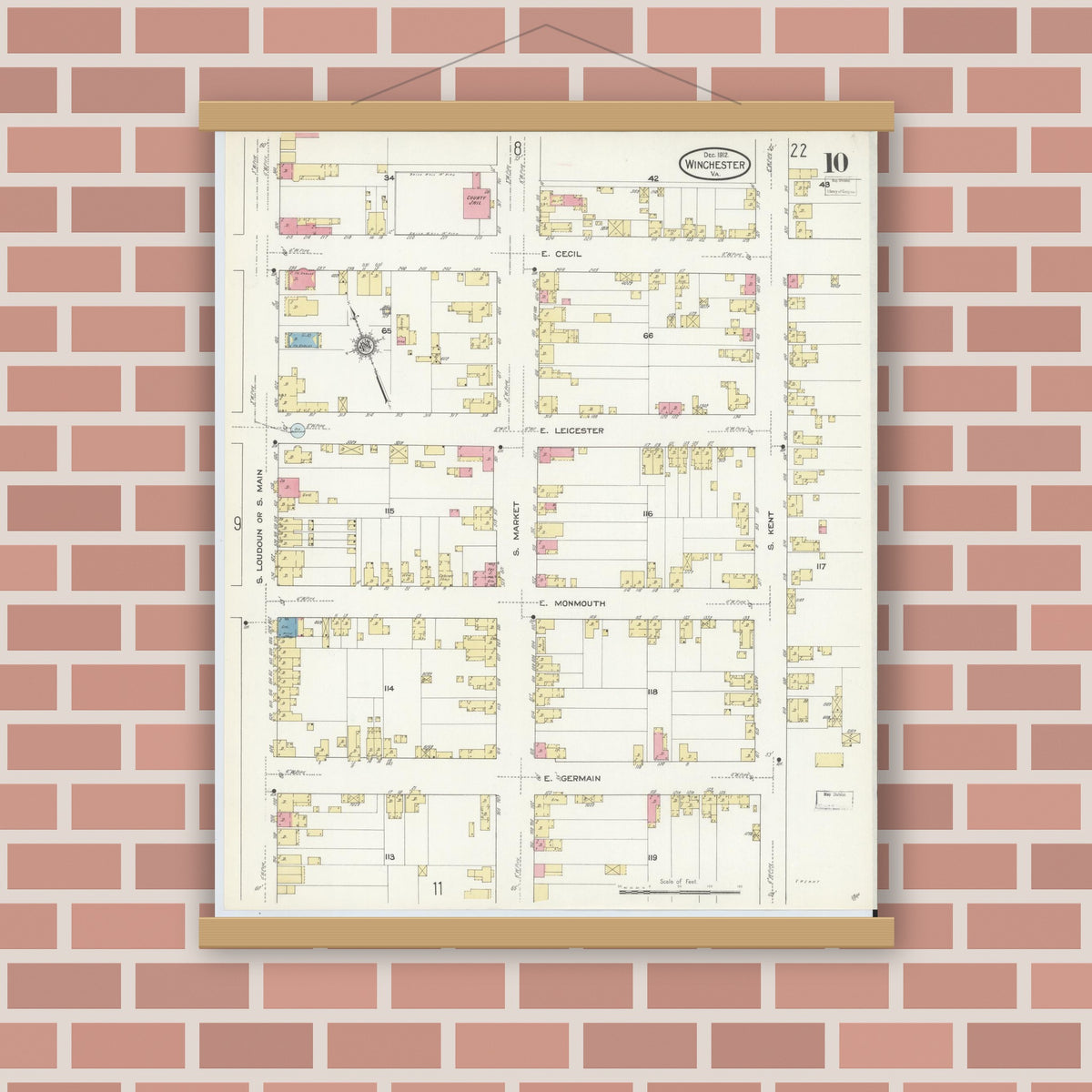 Old map wall art mockup — magnetic wood frame on brick wall — Sanborn Fire Insurance Map from Winchester, Independent Cities, Virginia (1912), Sheet #0010
