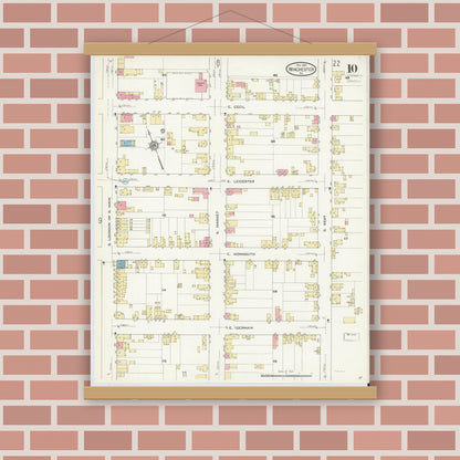 Old map wall art mockup — magnetic wood frame on brick wall — Sanborn Fire Insurance Map from Winchester, Independent Cities, Virginia (1912), Sheet #0010