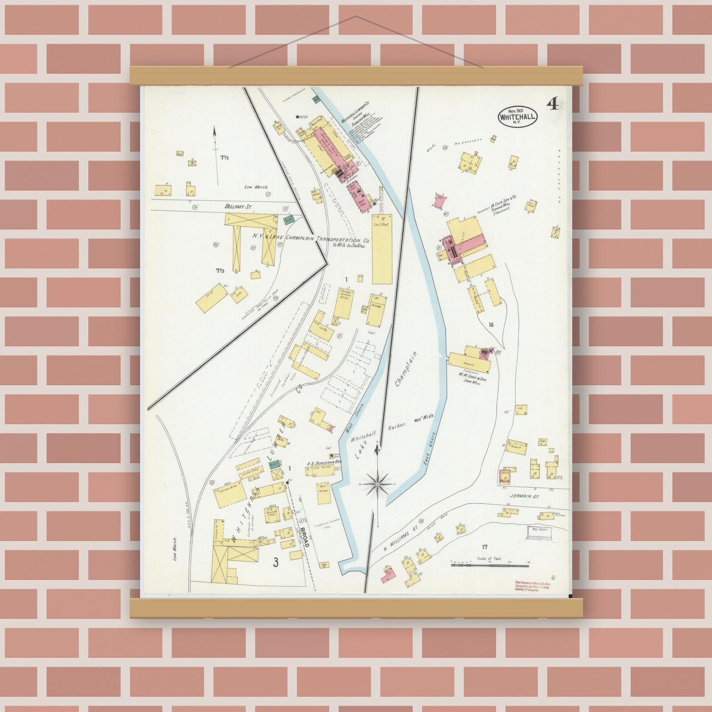 Old map wall art mockup — magnetic wood frame on brick wall — Sanborn Fire Insurance Map from Whitehall, Washington County, New York (1901), Sheet #0004