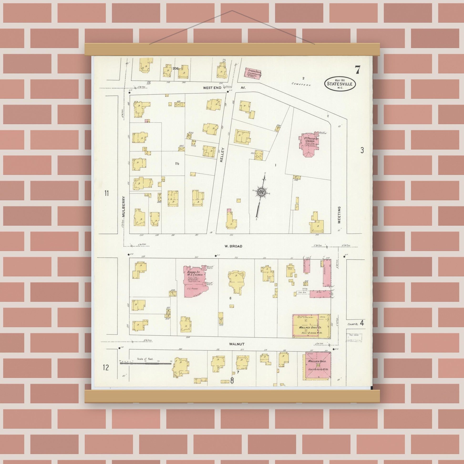 Old map wall art mockup — magnetic wood frame on brick wall — Sanborn Fire Insurance Map from Statesville, Iredell County, North Carolina (1911), Sheet #0007