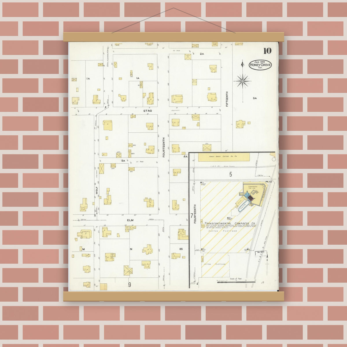 Old map wall art mockup — magnetic wood frame on brick wall — Sanborn Fire Insurance Map from Honey Grove, Fannin County, Texas (1909), Sheet #0010