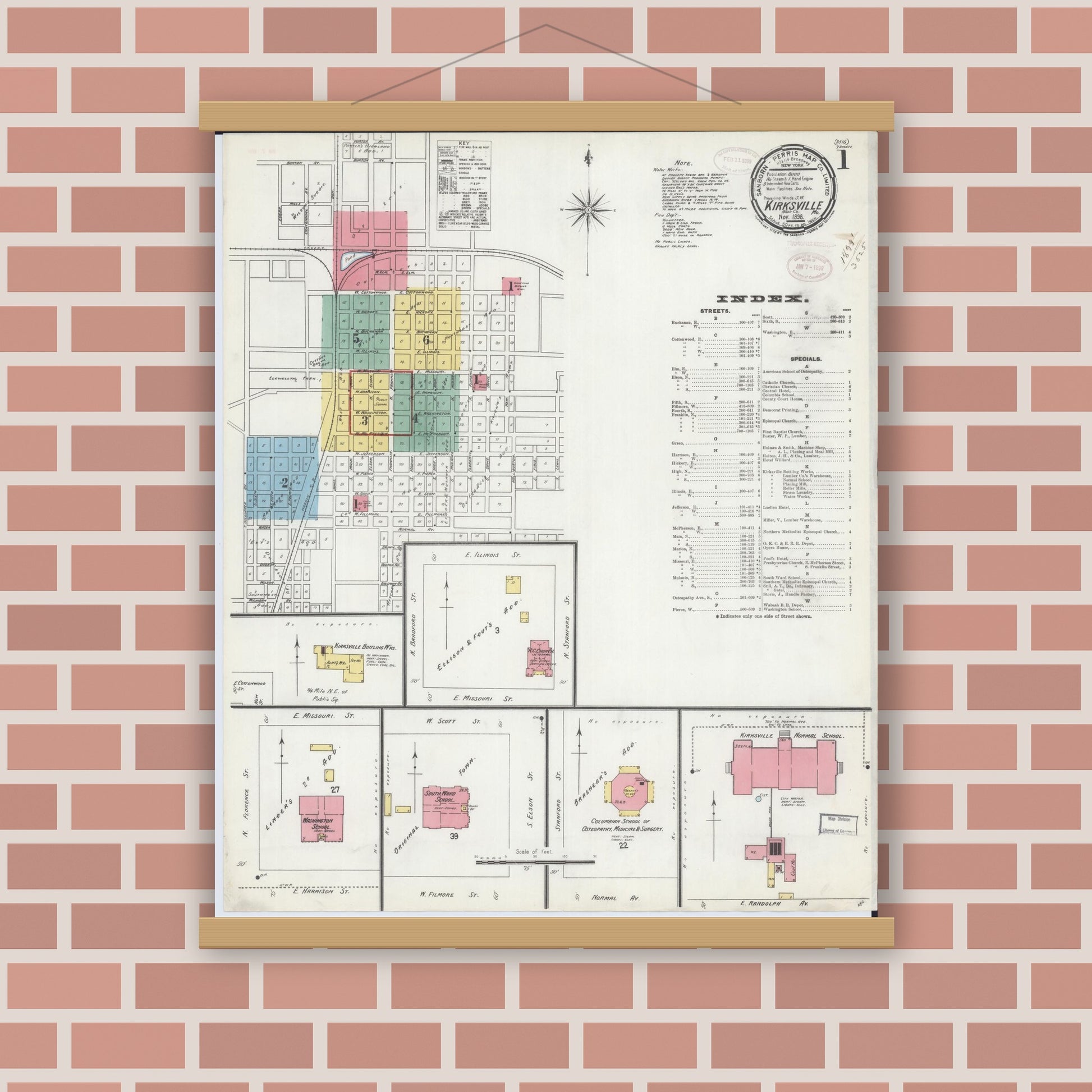 Old map wall art mockup — magnetic wood frame on brick wall — Sanborn Fire Insurance Map from Kirksville, Adair County, Missouri (1898), Sheet #0001