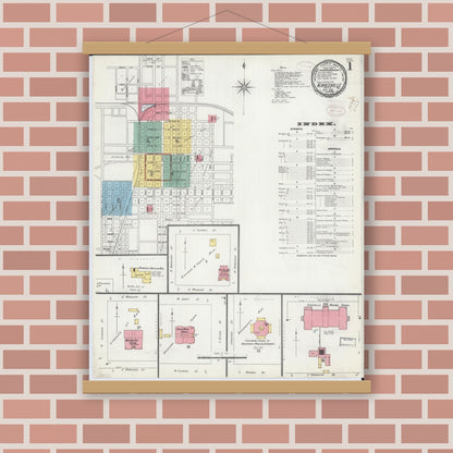 Old map wall art mockup — magnetic wood frame on brick wall — Sanborn Fire Insurance Map from Kirksville, Adair County, Missouri (1898), Sheet #0001