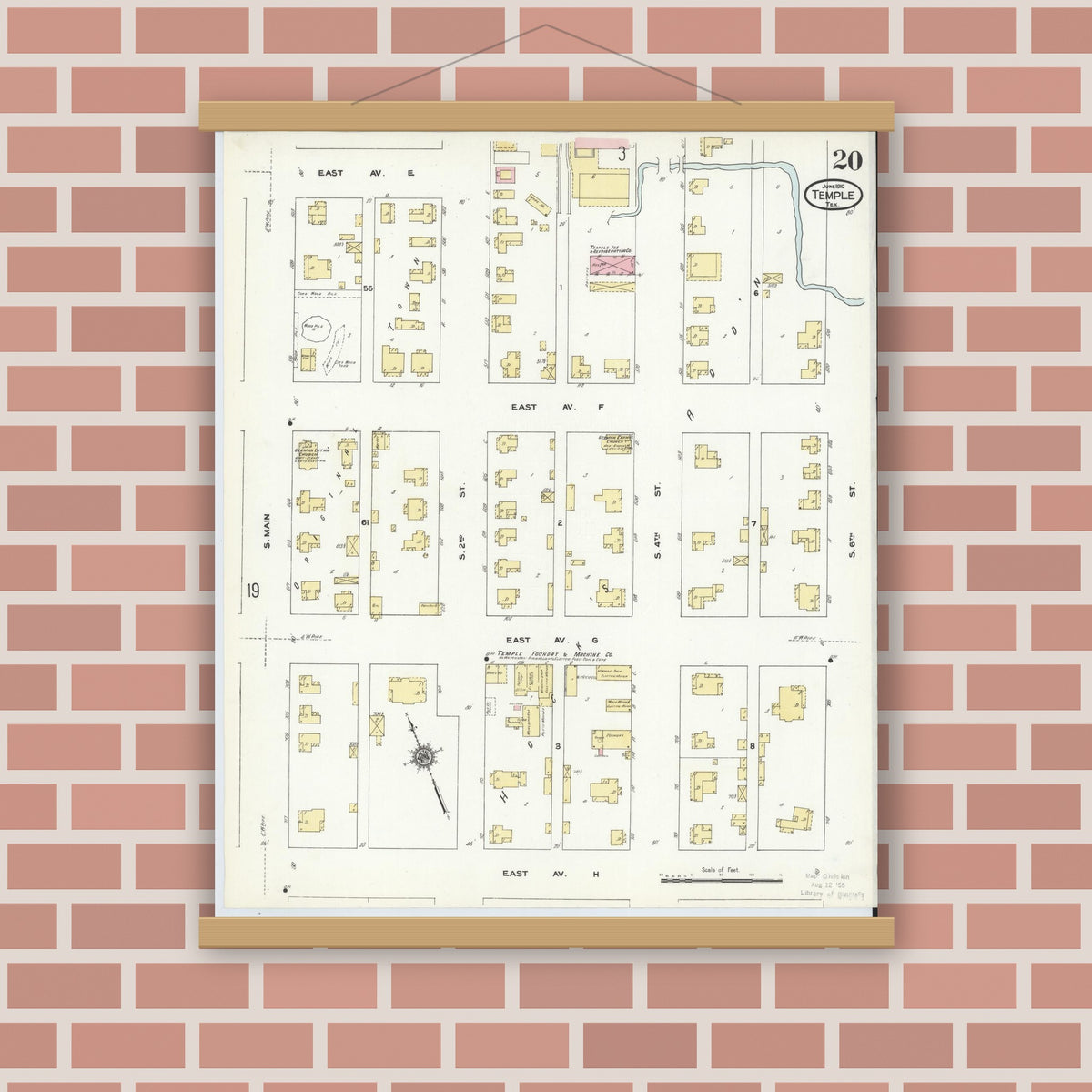 Old map wall art mockup — magnetic wood frame on brick wall — Sanborn Fire Insurance Map from Temple, Bell County, Texas (1910), Sheet #0020