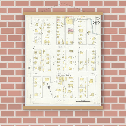 Old map wall art mockup — magnetic wood frame on brick wall — Sanborn Fire Insurance Map from Temple, Bell County, Texas (1910), Sheet #0020