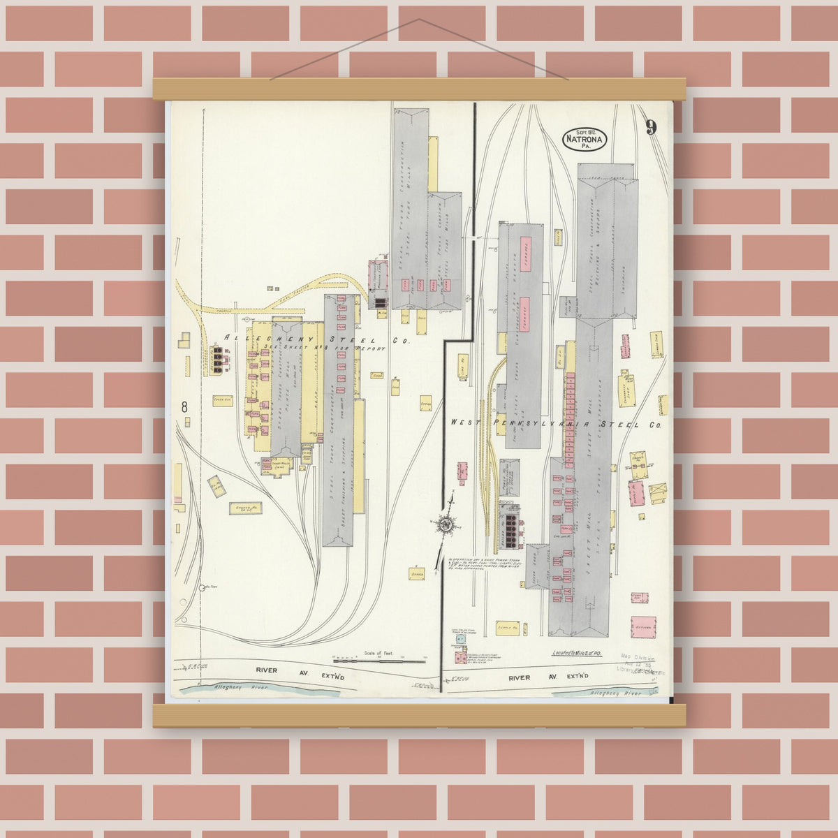 Old map wall art mockup — magnetic wood frame on brick wall — Sanborn Fire Insurance Map from Natrona, Allegheny County, Pennsylvania (1912), Sheet #0009