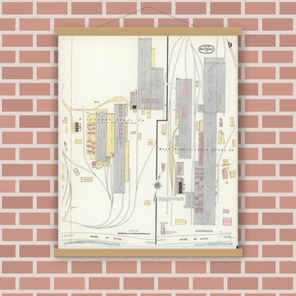 Old map wall art mockup — magnetic wood frame on brick wall — Sanborn Fire Insurance Map from Natrona, Allegheny County, Pennsylvania (1912), Sheet #0009