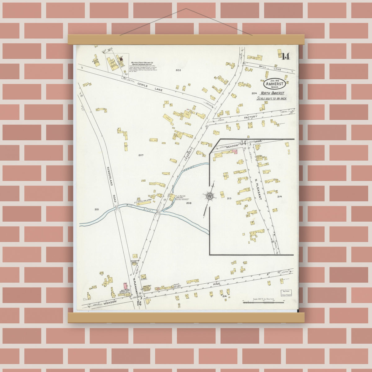 Old map wall art mockup — magnetic wood frame on brick wall — Sanborn Fire Insurance Map from Amherst, Hampshire County, Massachusetts (1916), Sheet #0014