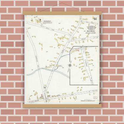 Old map wall art mockup — magnetic wood frame on brick wall — Sanborn Fire Insurance Map from Amherst, Hampshire County, Massachusetts (1916), Sheet #0014