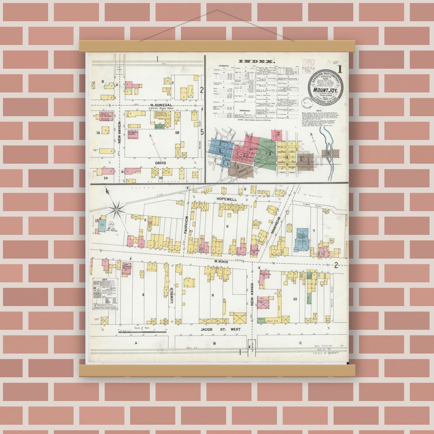 Old map wall art mockup — magnetic wood frame on brick wall — Sanborn Fire Insurance Map from Mount Joy, Lancaster County, Pennsylvania (1902) - Complete Map Set