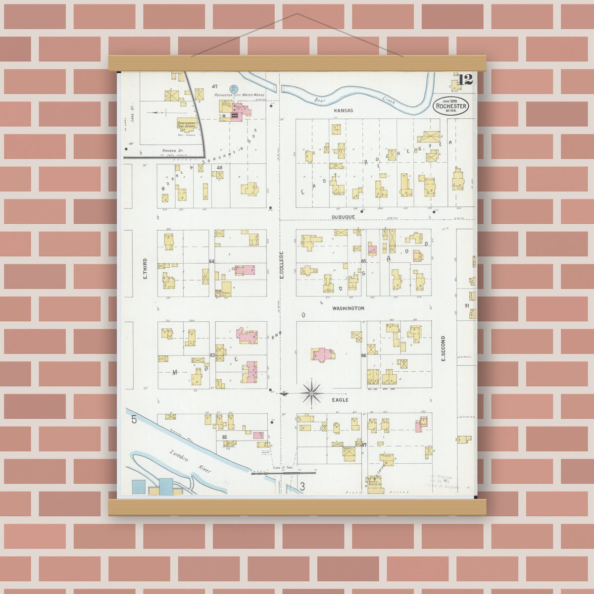 Old map wall art mockup — magnetic wood frame on brick wall — Sanborn Fire Insurance Map from Rochester, Olmsted County, Minnesota (1899), Sheet #0012
