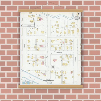 Old map wall art mockup — magnetic wood frame on brick wall — Sanborn Fire Insurance Map from Rochester, Olmsted County, Minnesota (1899), Sheet #0012