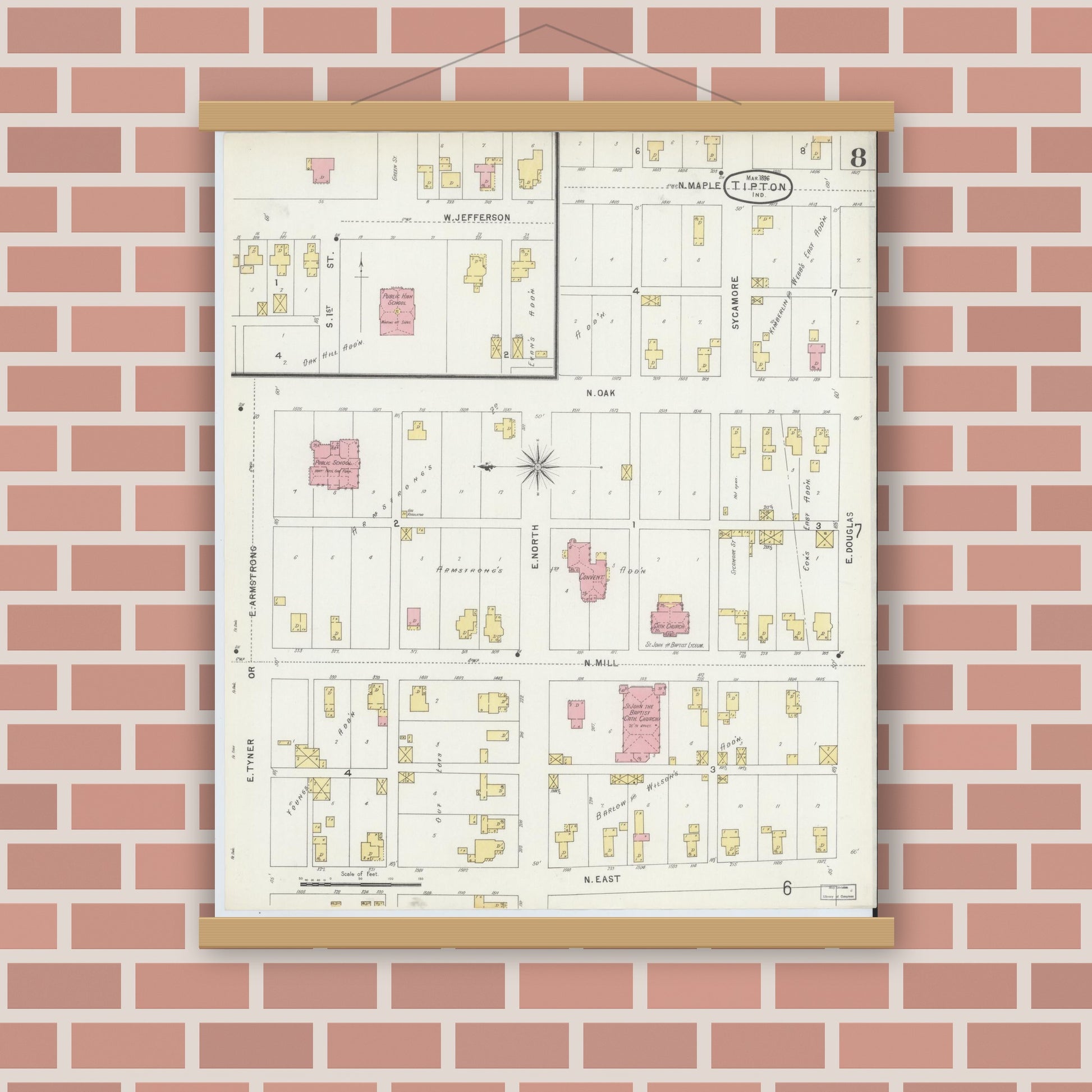 Old map wall art mockup — magnetic wood frame on brick wall — Sanborn Fire Insurance Map from Tipton, Tipton County, Indiana (1896), Sheet #0008