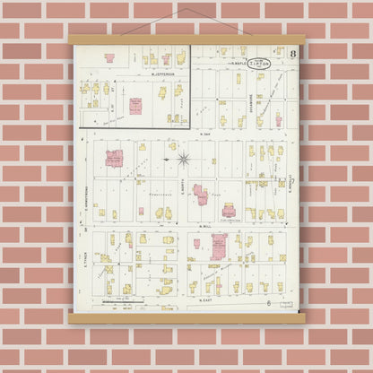 Old map wall art mockup — magnetic wood frame on brick wall — Sanborn Fire Insurance Map from Tipton, Tipton County, Indiana (1896), Sheet #0008
