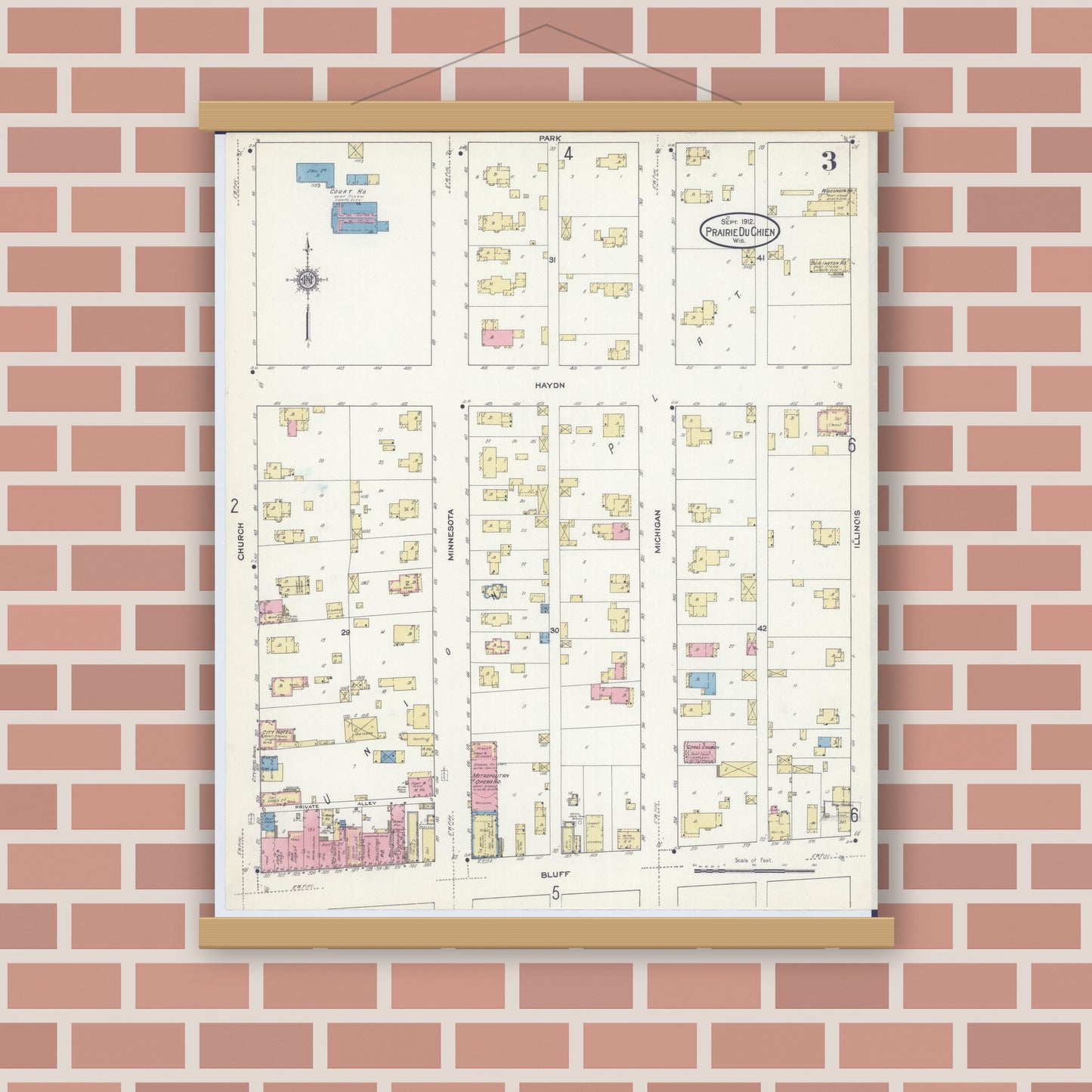 Old map wall art mockup — magnetic wood frame on brick wall — Sanborn Fire Insurance Map from Prairie du Chien, Crawford County, Wisconsin (1912), Sheet #0003