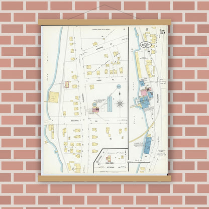 Old map wall art mockup — magnetic wood frame on brick wall — Sanborn Fire Insurance Map from Beloit, Rock County, Wisconsin (1908), Sheet #0015