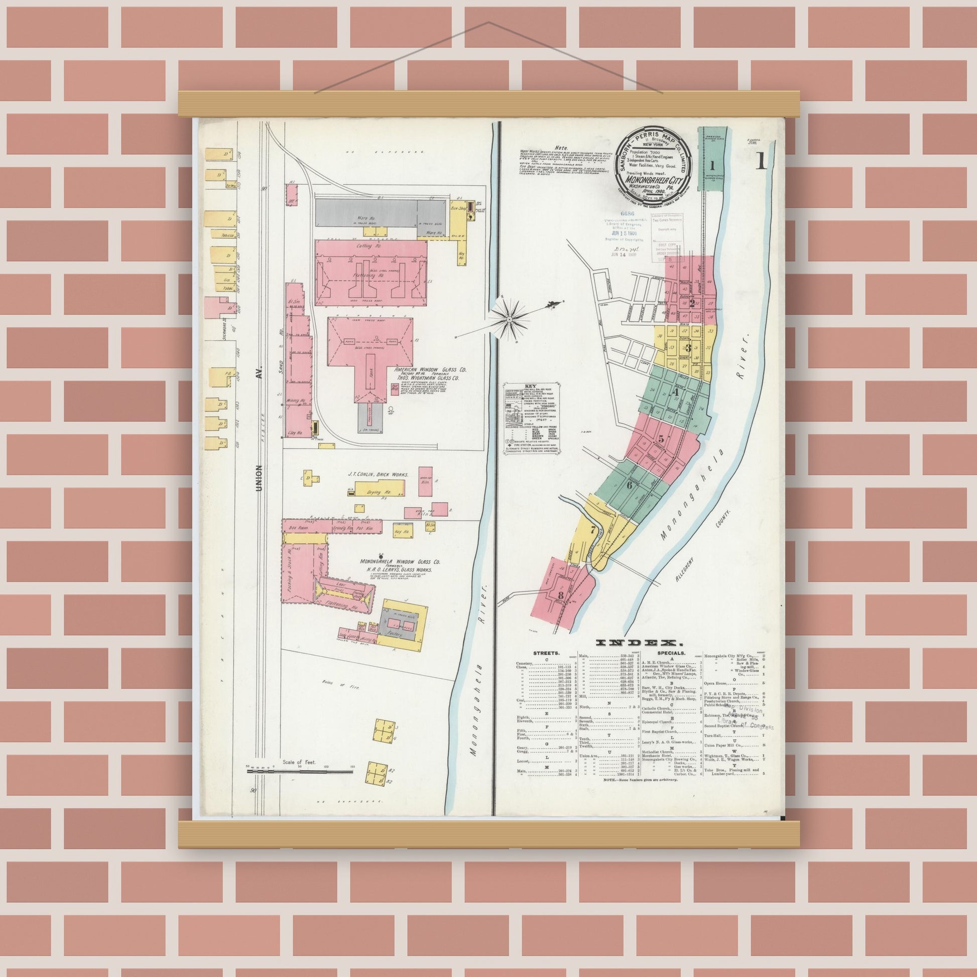 Old map wall art mockup — magnetic wood frame on brick wall — Sanborn Fire Insurance Map from Monongahela City, Washington County, Pennsylvania (1900) - Complete Map Set