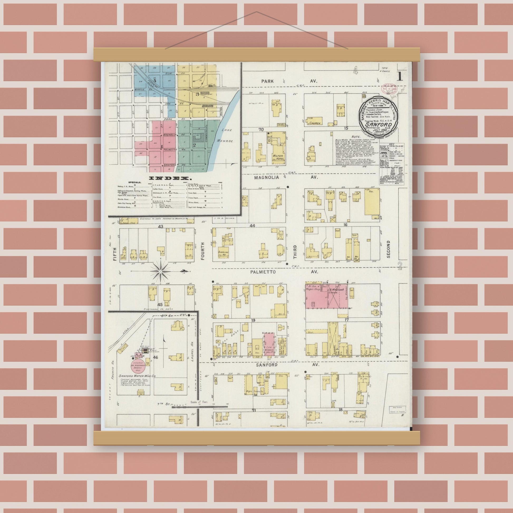 Old map wall art mockup — magnetic wood frame on brick wall — Sanborn Fire Insurance Map from Sanford, Seminole County, Florida (1895) - Complete Map Set