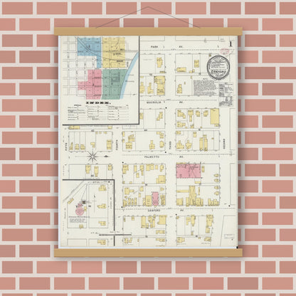 Old map wall art mockup — magnetic wood frame on brick wall — Sanborn Fire Insurance Map from Sanford, Seminole County, Florida (1895) - Complete Map Set