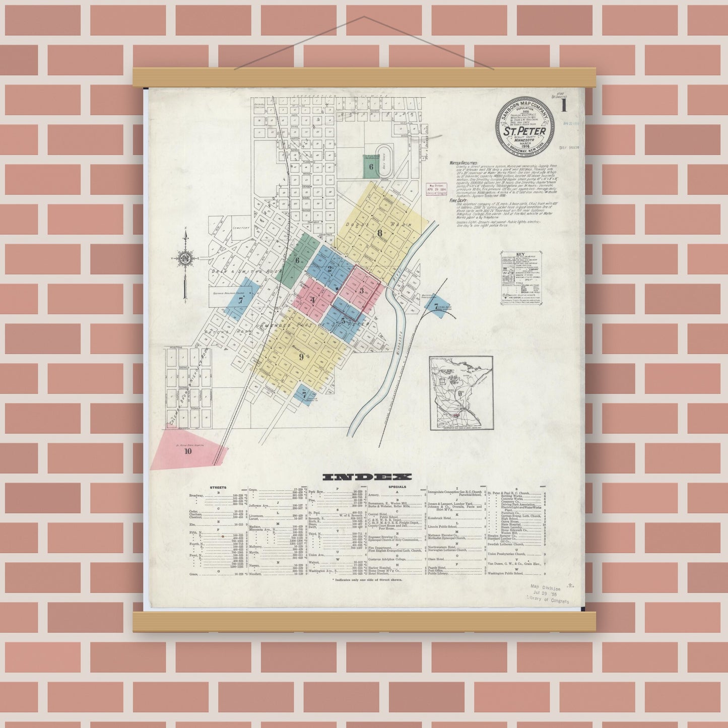 Old map wall art mockup — magnetic wood frame on brick wall — Sanborn Fire Insurance Map from Saint Peter, Nicollet County, Minnesota (1914), Sheet #0001