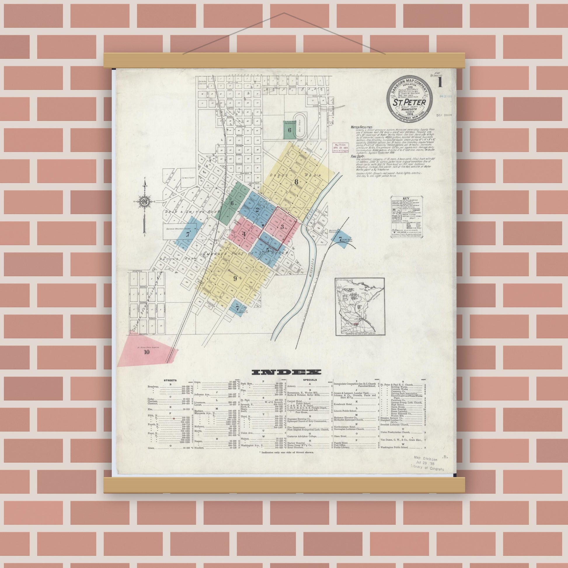 Old map wall art mockup — magnetic wood frame on brick wall — Sanborn Fire Insurance Map from Saint Peter, Nicollet County, Minnesota (1914), Sheet #0001