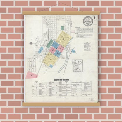 Old map wall art mockup — magnetic wood frame on brick wall — Sanborn Fire Insurance Map from Saint Peter, Nicollet County, Minnesota (1914), Sheet #0001