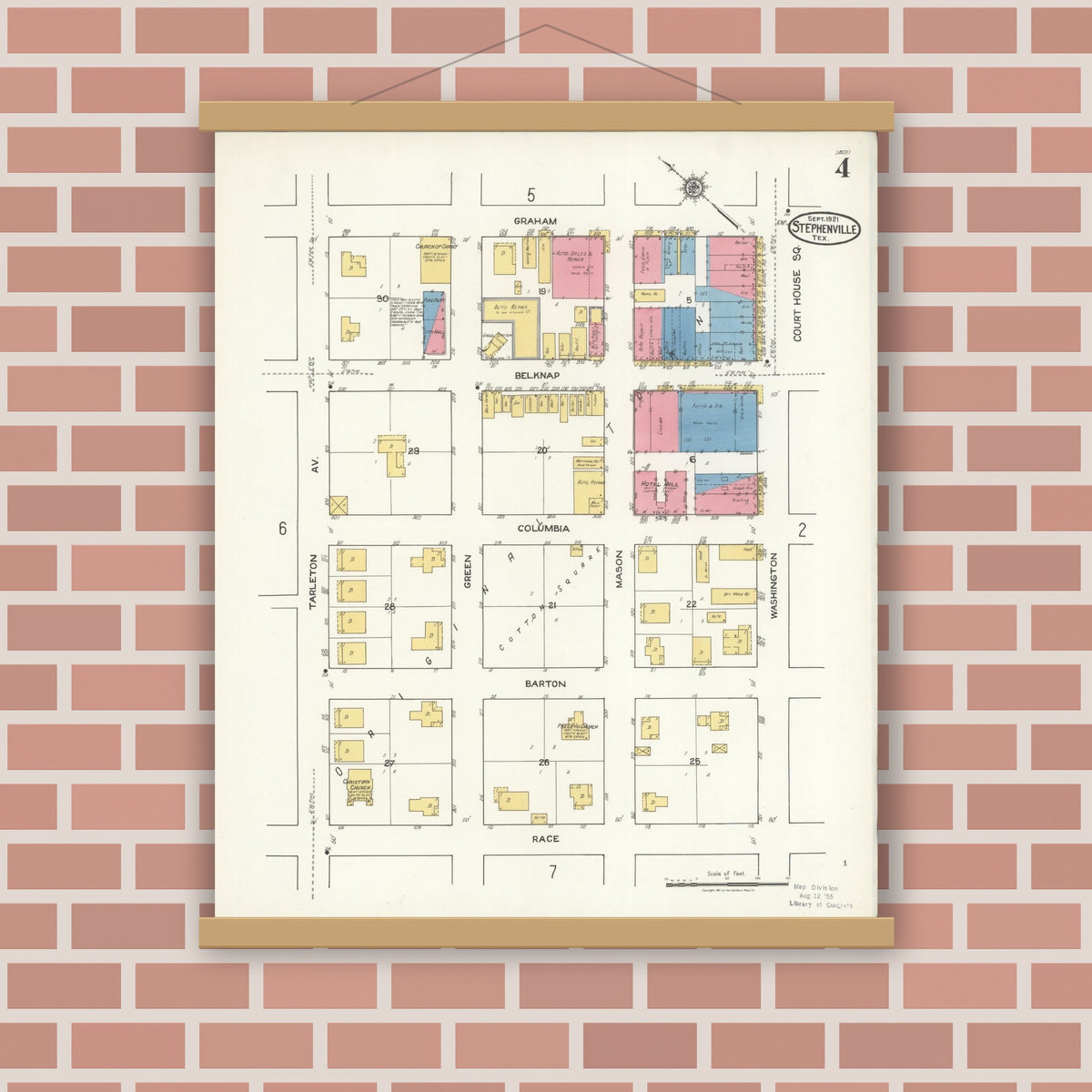 Old map wall art mockup — magnetic wood frame on brick wall — Sanborn Fire Insurance Map from Stephenville, Erath County, Texas (1921), Sheet #0004
