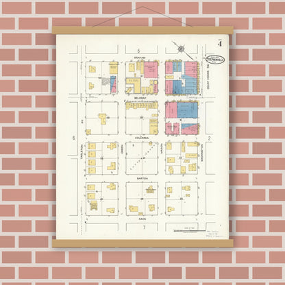 Old map wall art mockup — magnetic wood frame on brick wall — Sanborn Fire Insurance Map from Stephenville, Erath County, Texas (1921), Sheet #0004