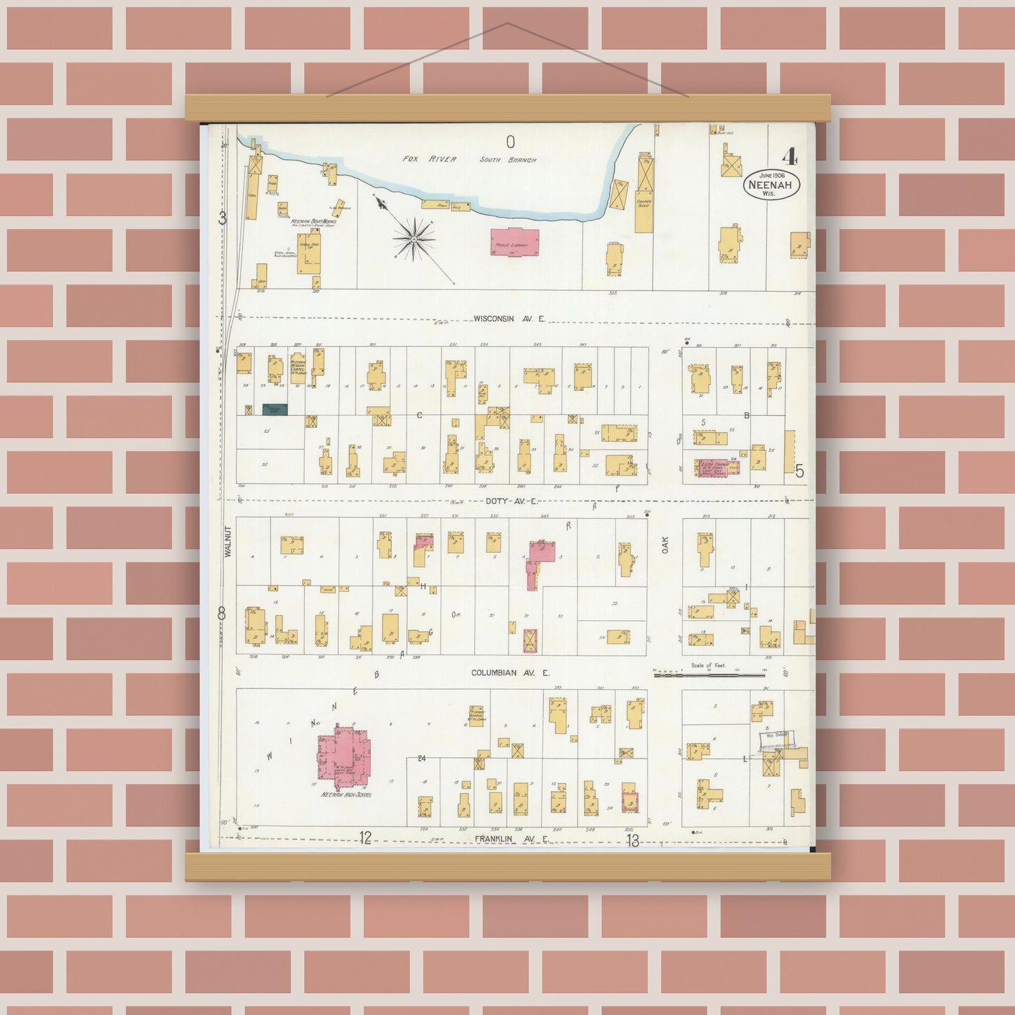Old map wall art mockup — magnetic wood frame on brick wall — Sanborn Fire Insurance Map from Neenah, Winnebago County, Wisconsin (1906), Sheet #0004