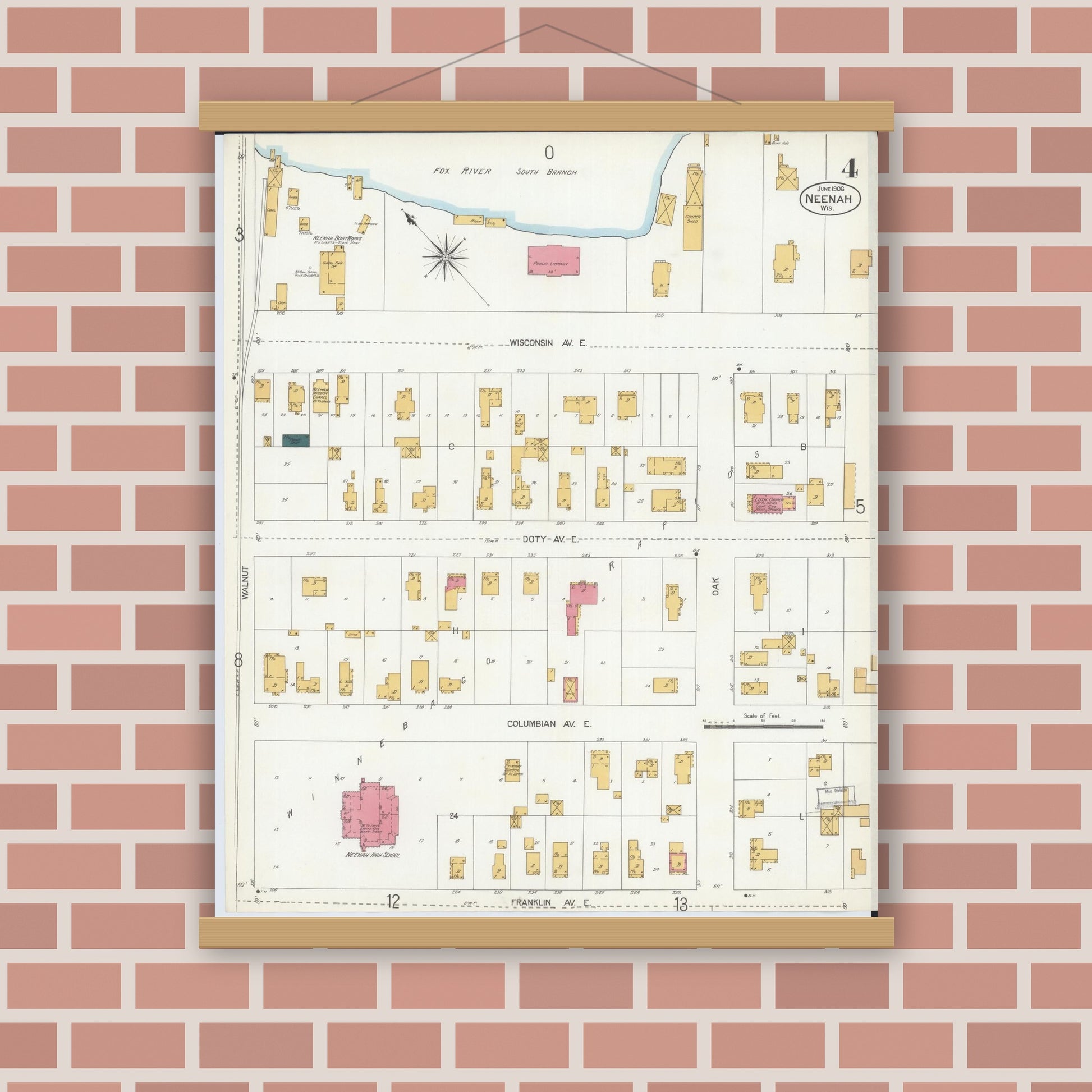 Old map wall art mockup — magnetic wood frame on brick wall — Sanborn Fire Insurance Map from Neenah, Winnebago County, Wisconsin (1906), Sheet #0004