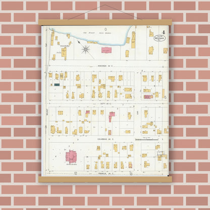 Old map wall art mockup — magnetic wood frame on brick wall — Sanborn Fire Insurance Map from Neenah, Winnebago County, Wisconsin (1906), Sheet #0004