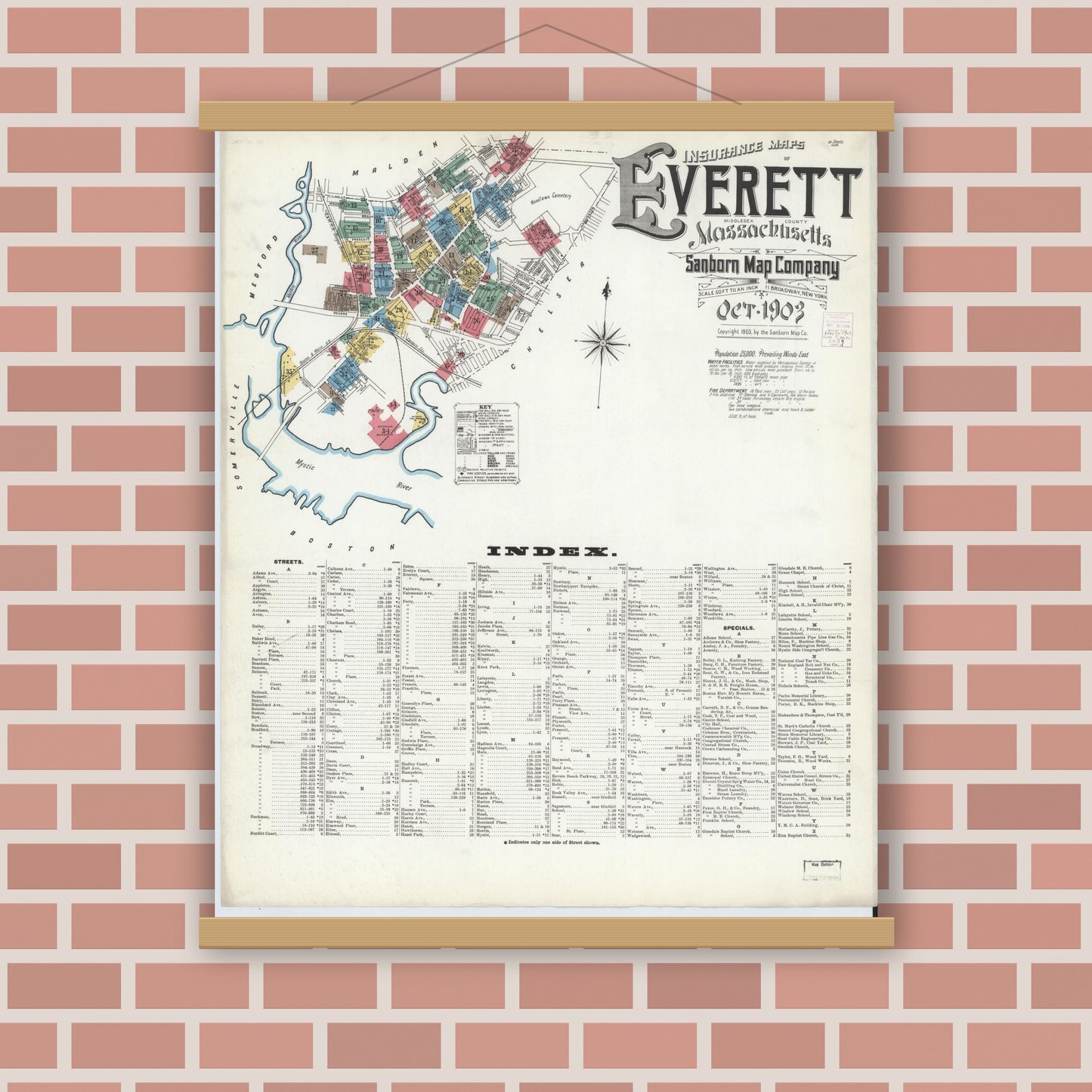 Old map wall art mockup — magnetic wood frame on brick wall — Sanborn Fire Insurance Map from Everett, Middlesex County, Massachusetts (1903) - Complete Map Set