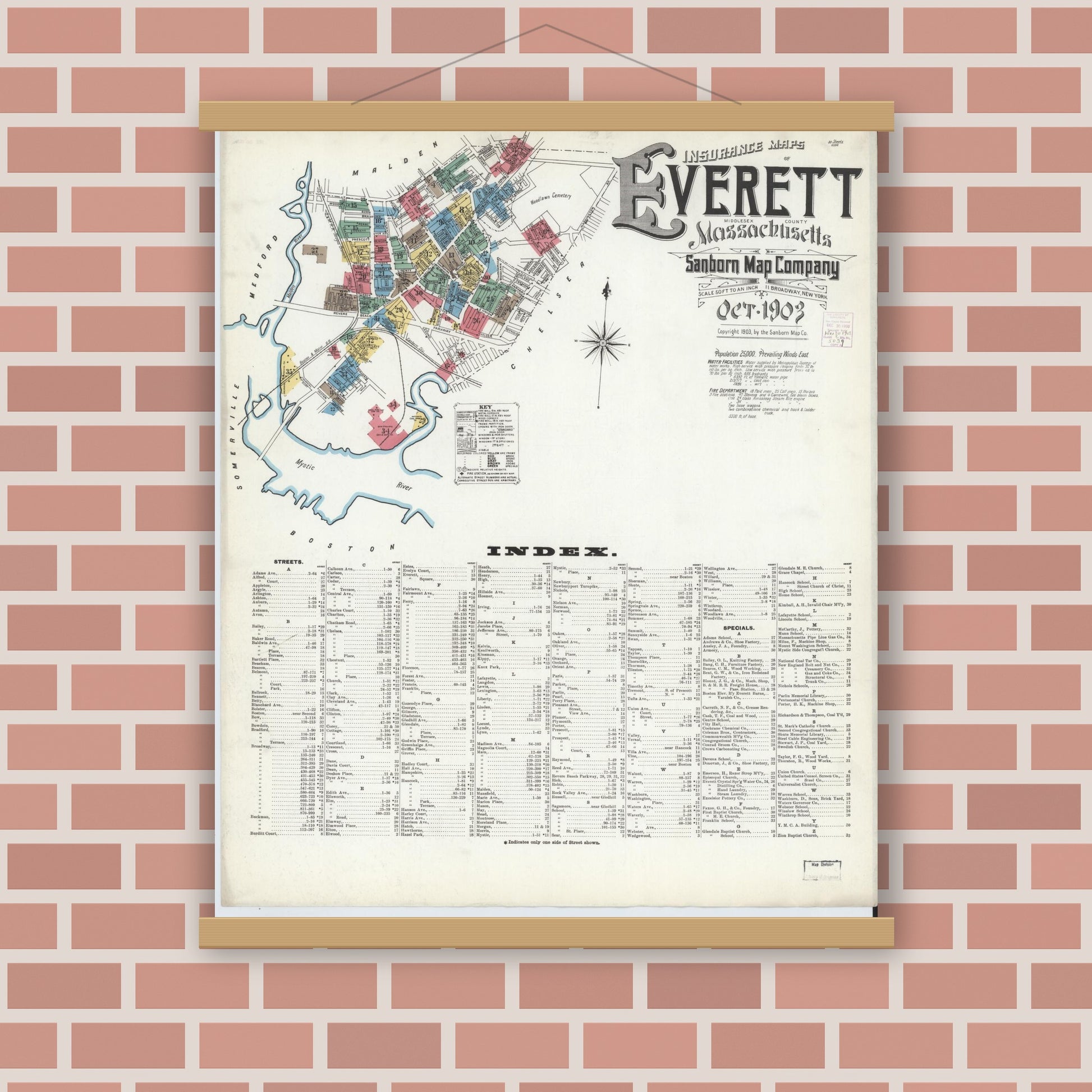 Old map wall art mockup — magnetic wood frame on brick wall — Sanborn Fire Insurance Map from Everett, Middlesex County, Massachusetts (1903) - Complete Map Set