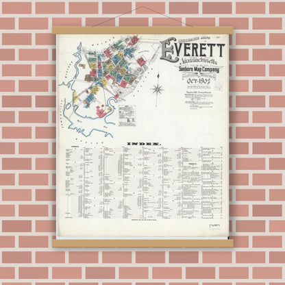 Old map wall art mockup — magnetic wood frame on brick wall — Sanborn Fire Insurance Map from Everett, Middlesex County, Massachusetts (1903) - Complete Map Set