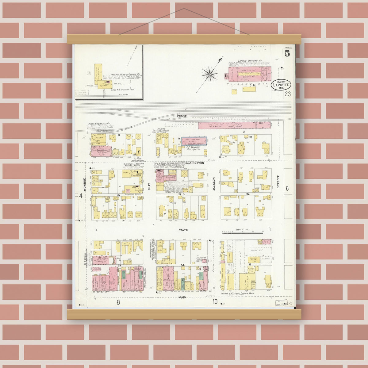 Old map wall art mockup — magnetic wood frame on brick wall — Sanborn Fire Insurance Map from La Porte, La Porte County, Indiana (1907), Sheet #0005