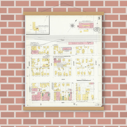Old map wall art mockup — magnetic wood frame on brick wall — Sanborn Fire Insurance Map from La Porte, La Porte County, Indiana (1907), Sheet #0005