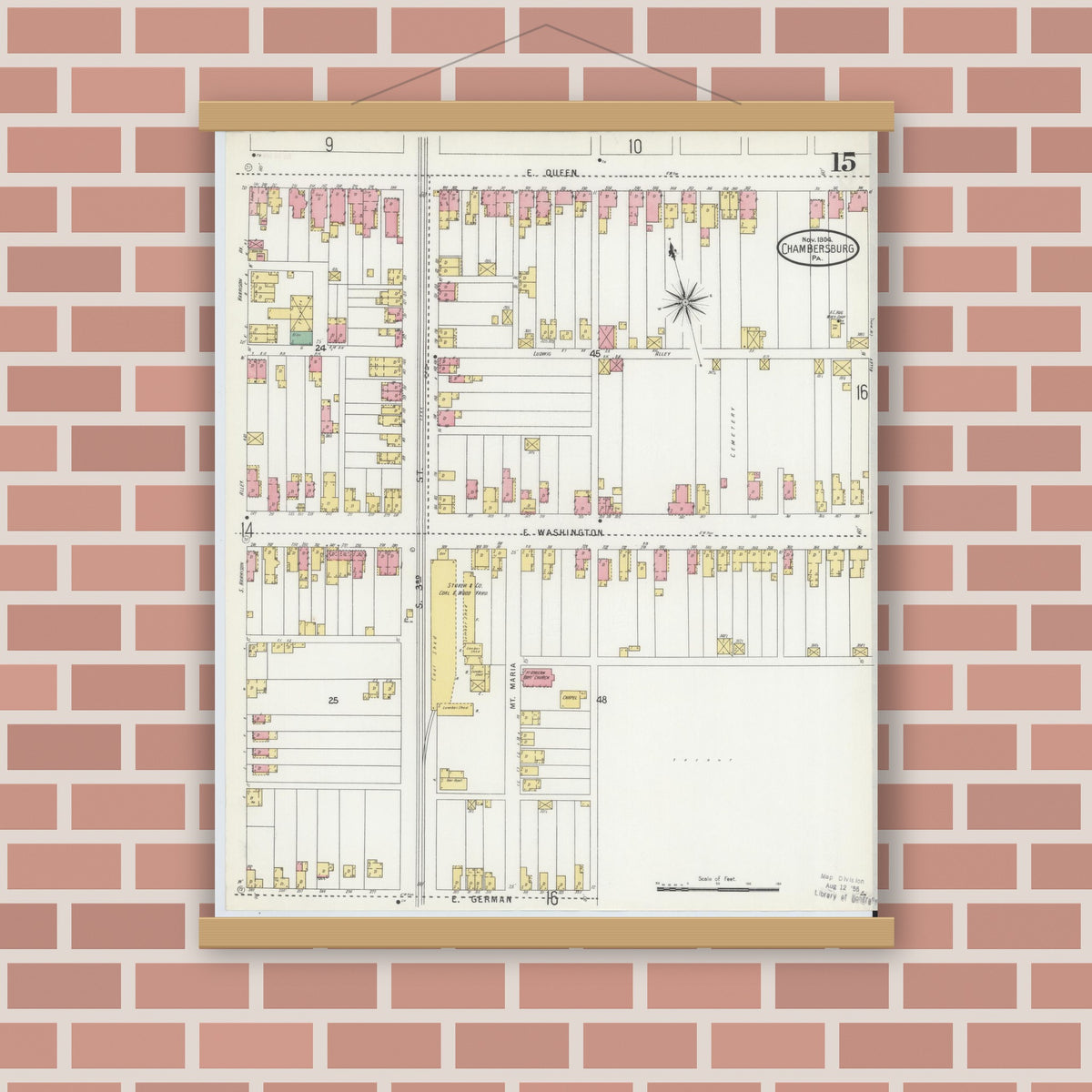 Old map wall art mockup — magnetic wood frame on brick wall — Sanborn Fire Insurance Map from Chambersburg, Franklin County, Pennsylvania (1904), Sheet #0015