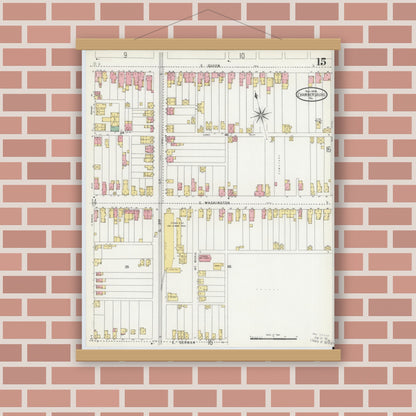 Old map wall art mockup — magnetic wood frame on brick wall — Sanborn Fire Insurance Map from Chambersburg, Franklin County, Pennsylvania (1904), Sheet #0015