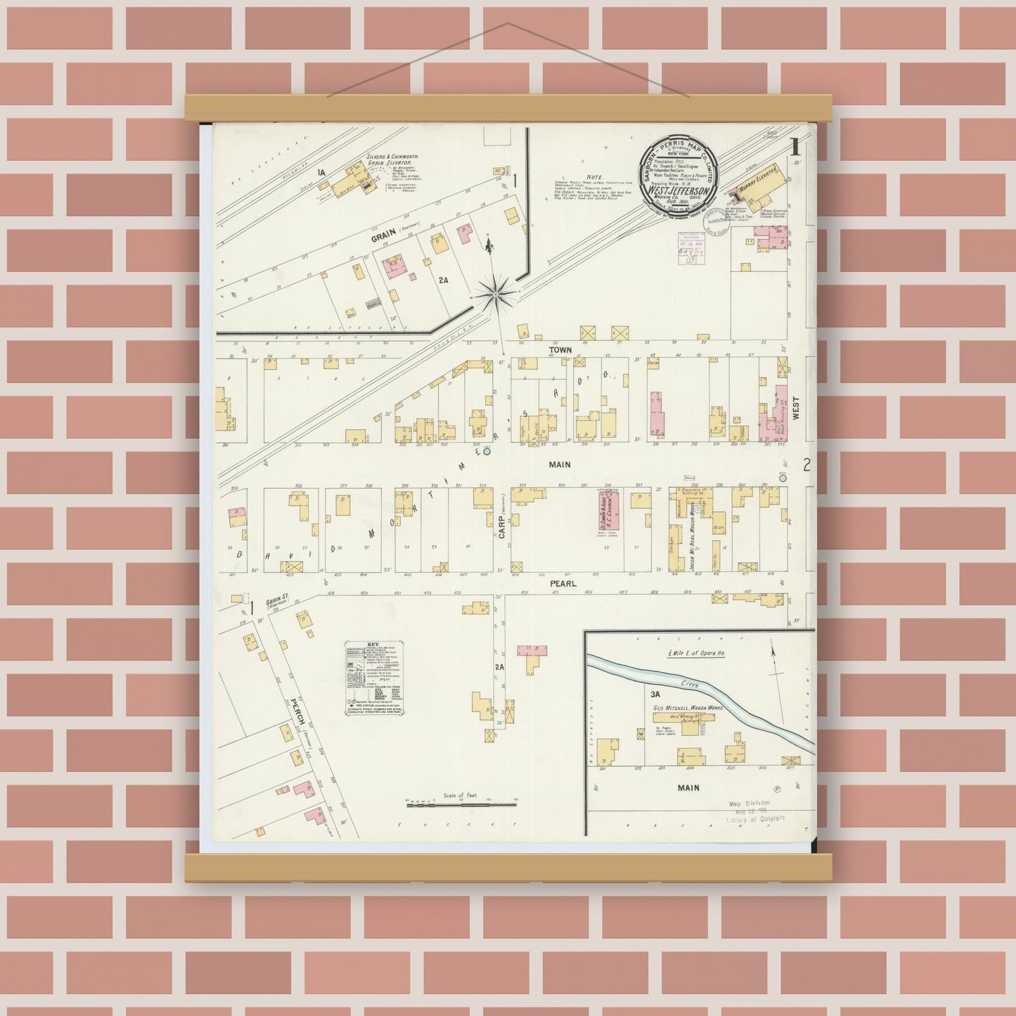 Old map wall art mockup — magnetic wood frame on brick wall — Sanborn Fire Insurance Map from West Jefferson, Madison County, Ohio (1901), Sheet #0001