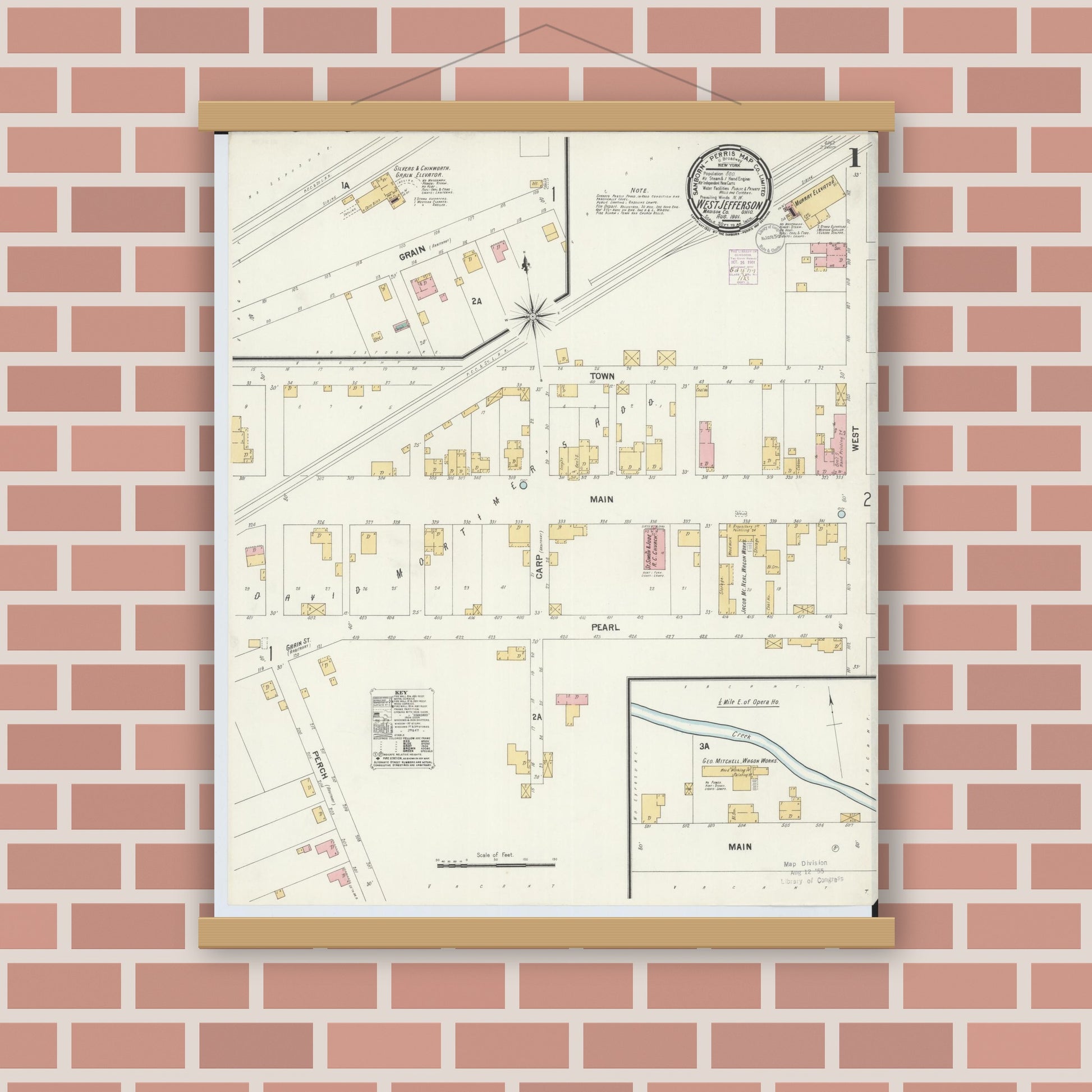 Old map wall art mockup — magnetic wood frame on brick wall — Sanborn Fire Insurance Map from West Jefferson, Madison County, Ohio (1901), Sheet #0001