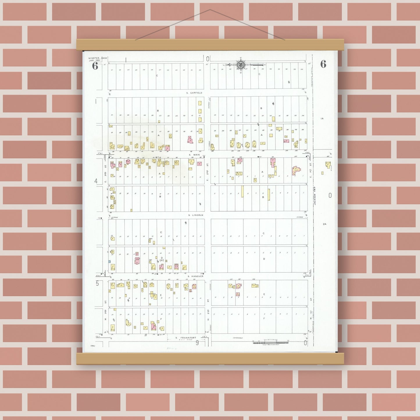 Old map wall art mockup — magnetic wood frame on brick wall — Sanborn Fire Insurance Map from Minster, Auglaize County, Ohio (1951), Sheet #0006