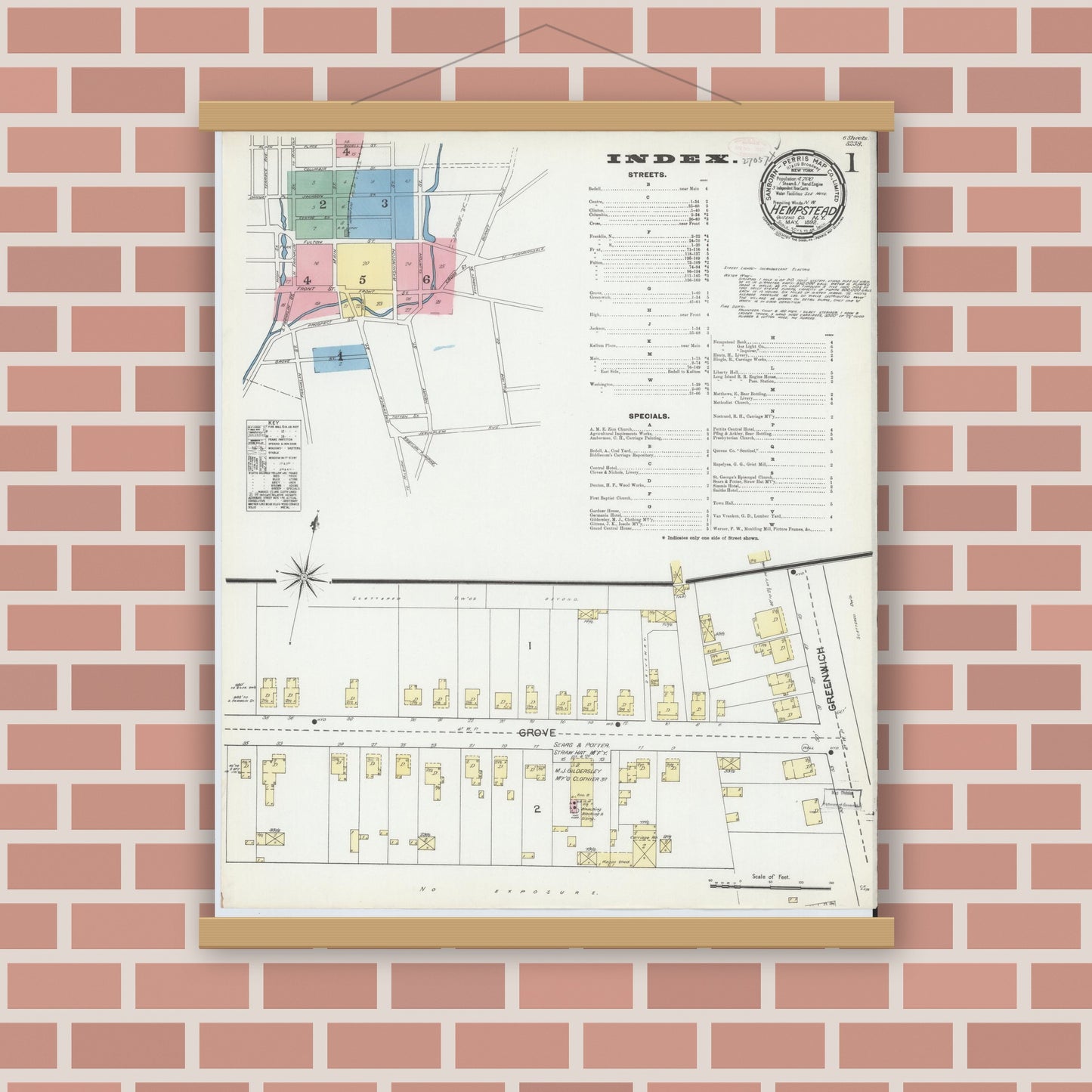 Old map wall art mockup — magnetic wood frame on brick wall — Sanborn Fire Insurance Map from Hempstead, Nassau County, New York (1892) - Complete Map Set