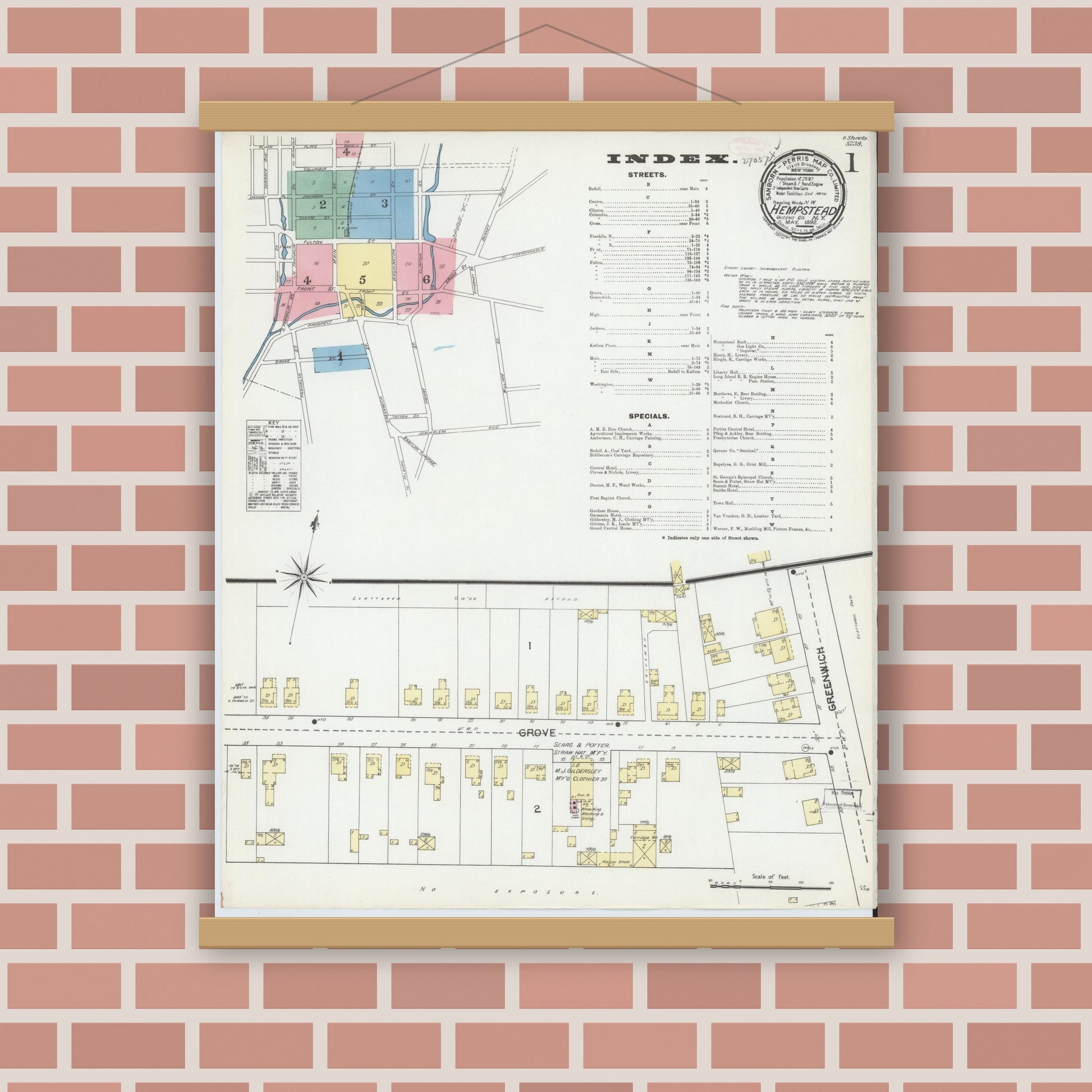 Old map wall art mockup — magnetic wood frame on brick wall — Sanborn Fire Insurance Map from Hempstead, Nassau County, New York (1892) - Complete Map Set
