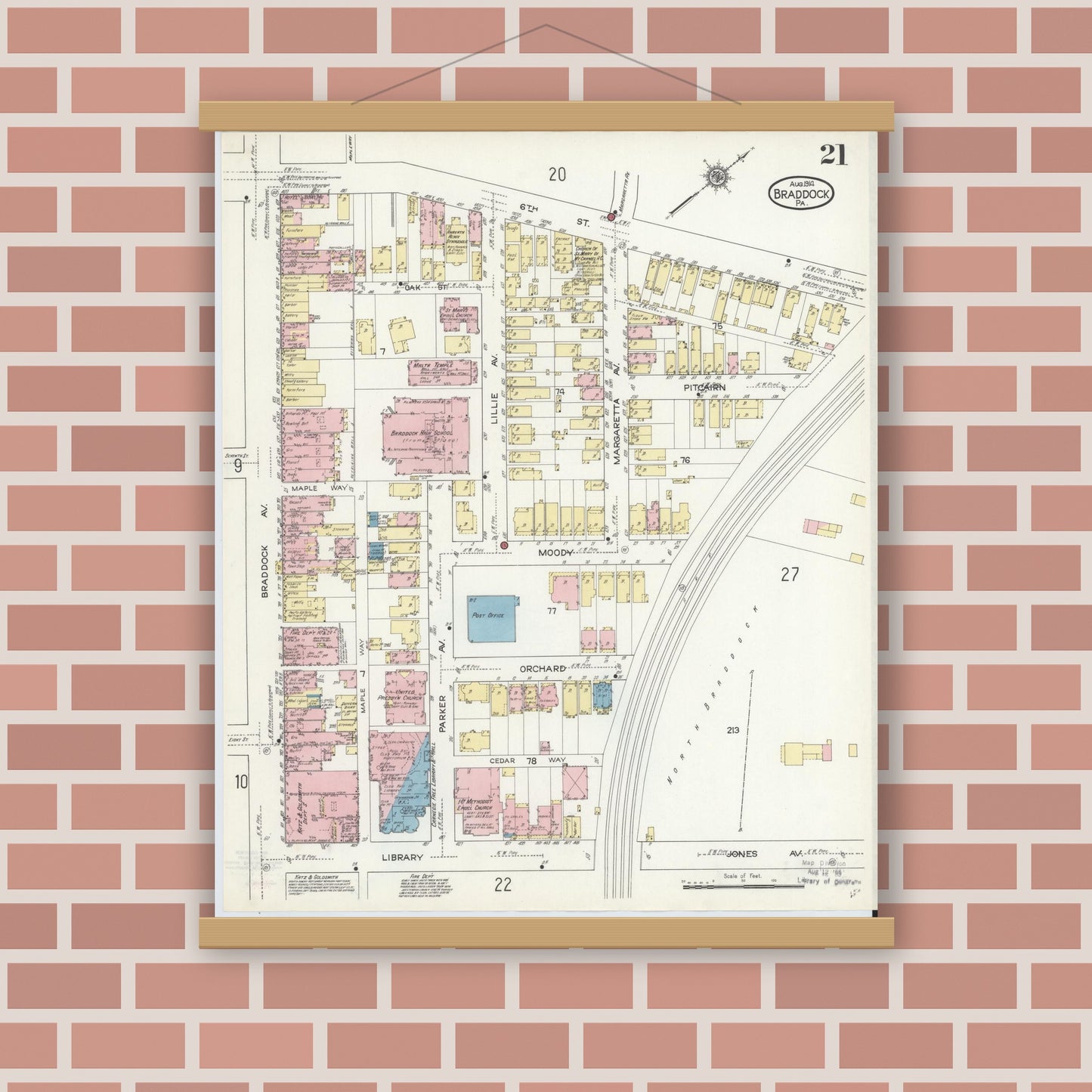 Old map wall art mockup — magnetic wood frame on brick wall — Sanborn Fire Insurance Map from Braddock, Allegheny County, Pennsylvania (1914), Sheet #0021
