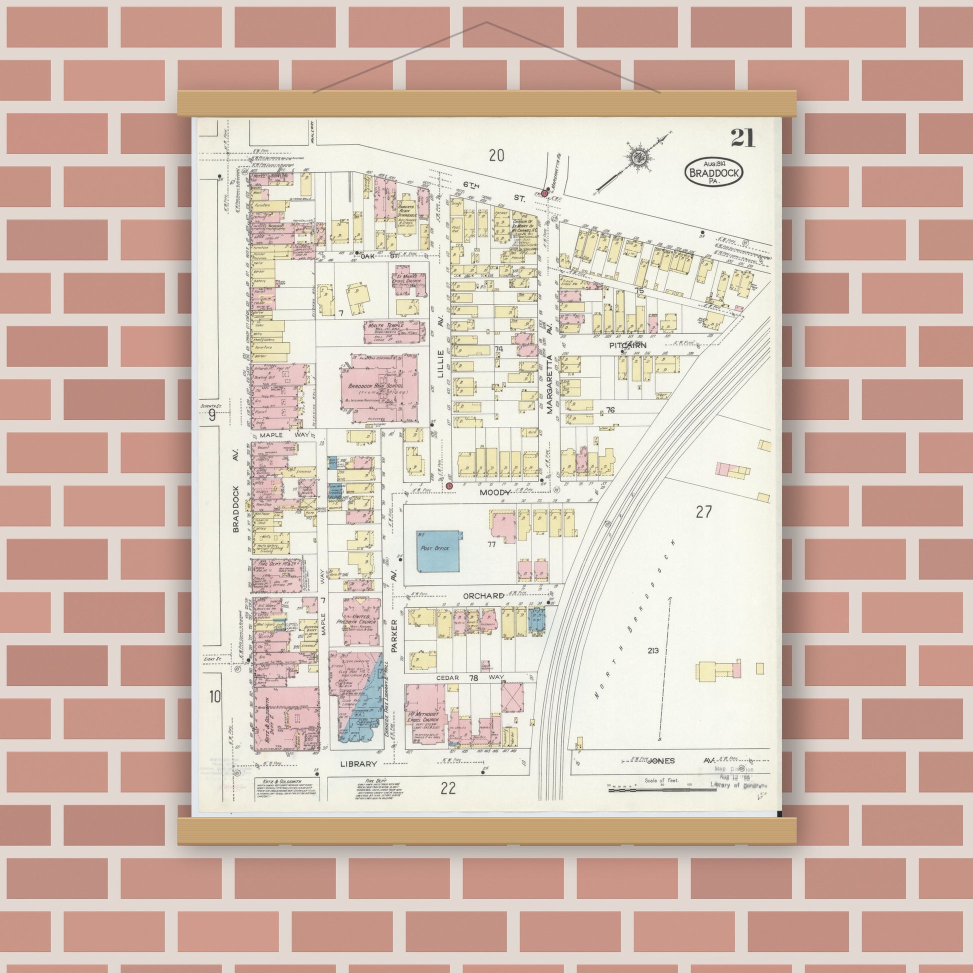 Old map wall art mockup — magnetic wood frame on brick wall — Sanborn Fire Insurance Map from Braddock, Allegheny County, Pennsylvania (1914), Sheet #0021