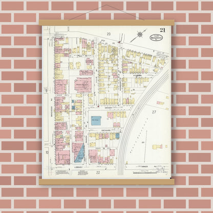 Old map wall art mockup — magnetic wood frame on brick wall — Sanborn Fire Insurance Map from Braddock, Allegheny County, Pennsylvania (1914), Sheet #0021