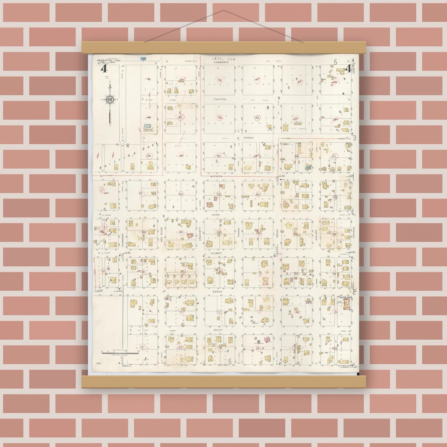 Old map wall art mockup — magnetic wood frame on brick wall — Sanborn Fire Insurance Map from Henrietta, Clay County, Texas (1944), Sheet #0004