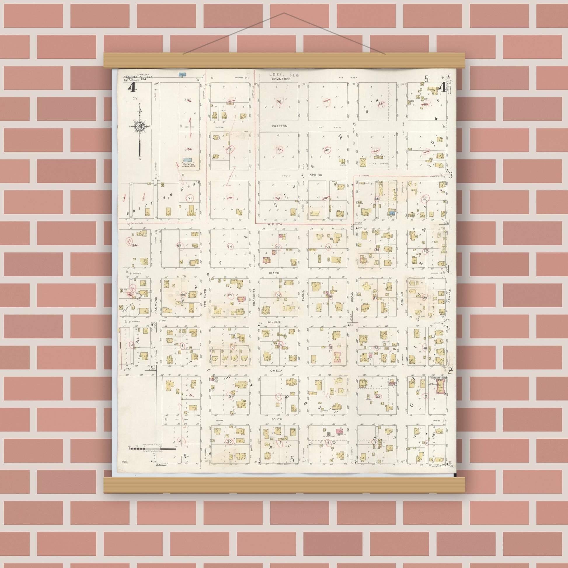 Old map wall art mockup — magnetic wood frame on brick wall — Sanborn Fire Insurance Map from Henrietta, Clay County, Texas (1944), Sheet #0004