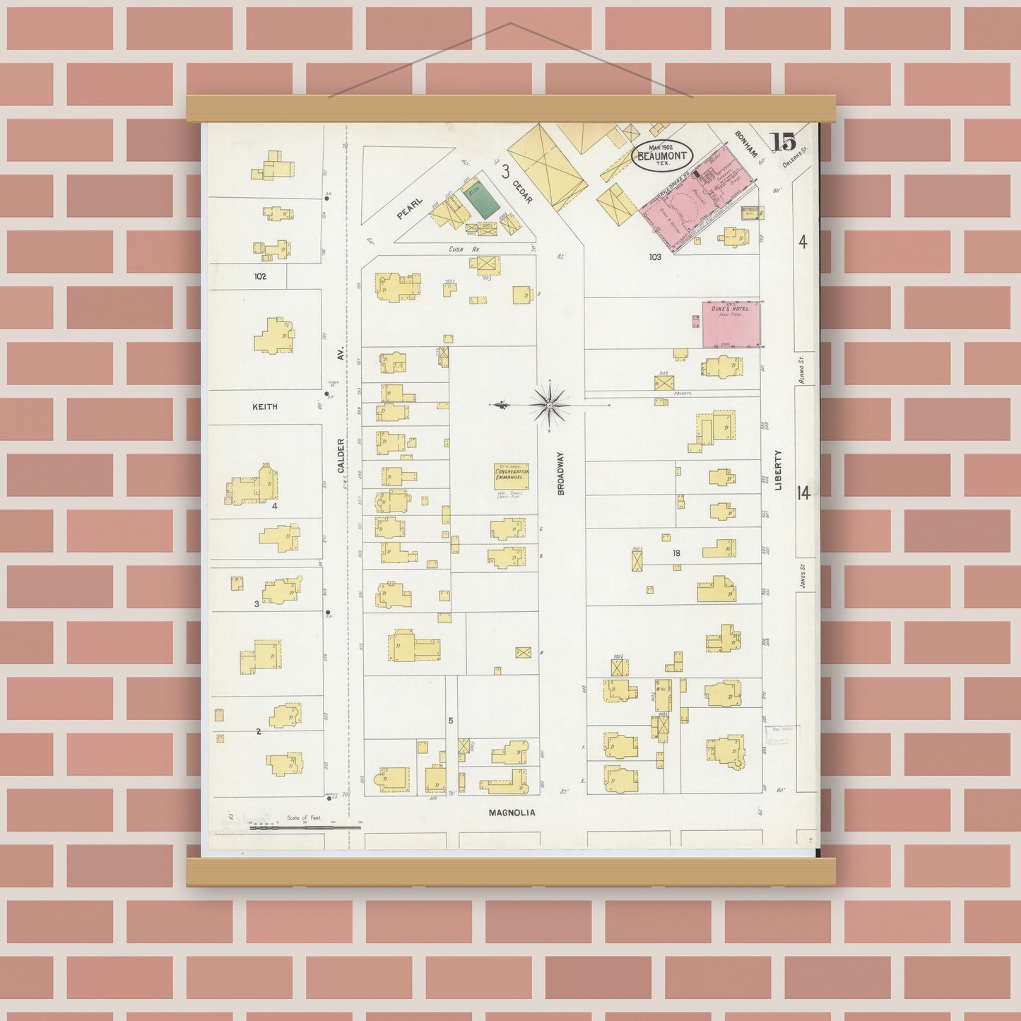 Old map wall art mockup — magnetic wood frame on brick wall — Sanborn Fire Insurance Map from Beaumont, Jefferson County, Texas (1902), Sheet #0015